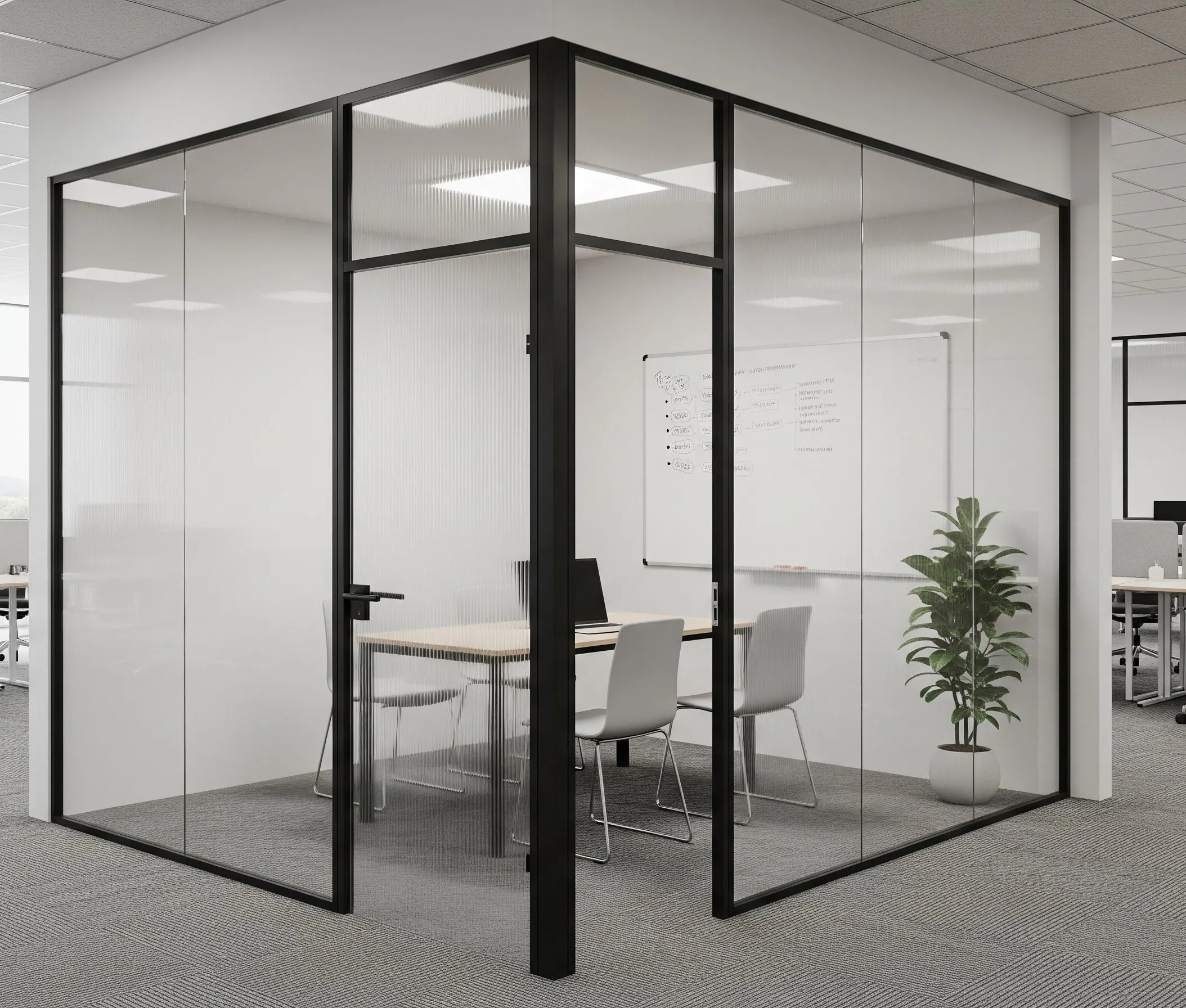 Compact glass box meeting room
